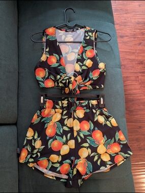 Nasty Gal Matching Crop Top and Shorts Two-Piece Set With Citrus Fruit Print